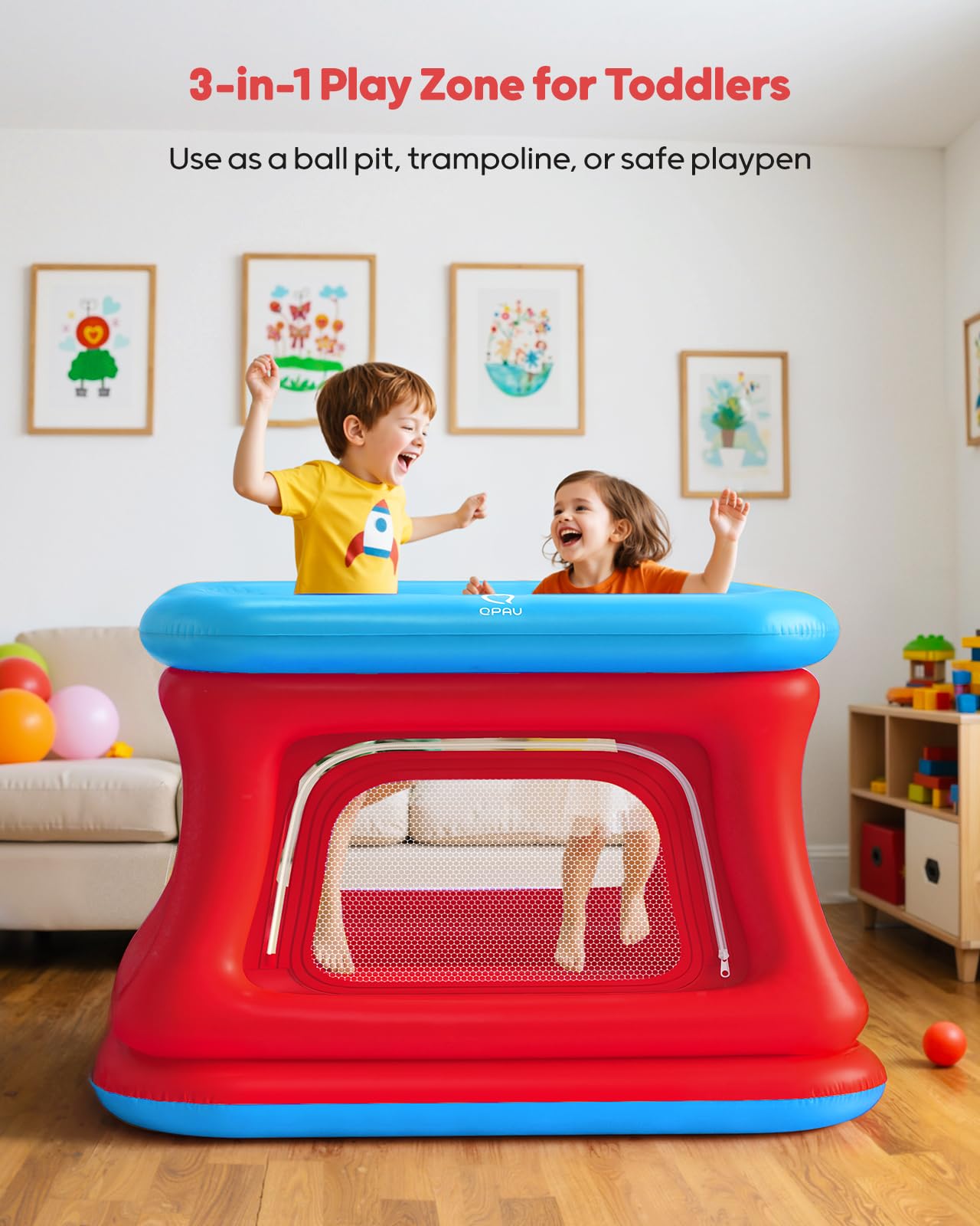 QPAU 3-in-1 bounce house ball pit image highlights tactile play with colorful balls.