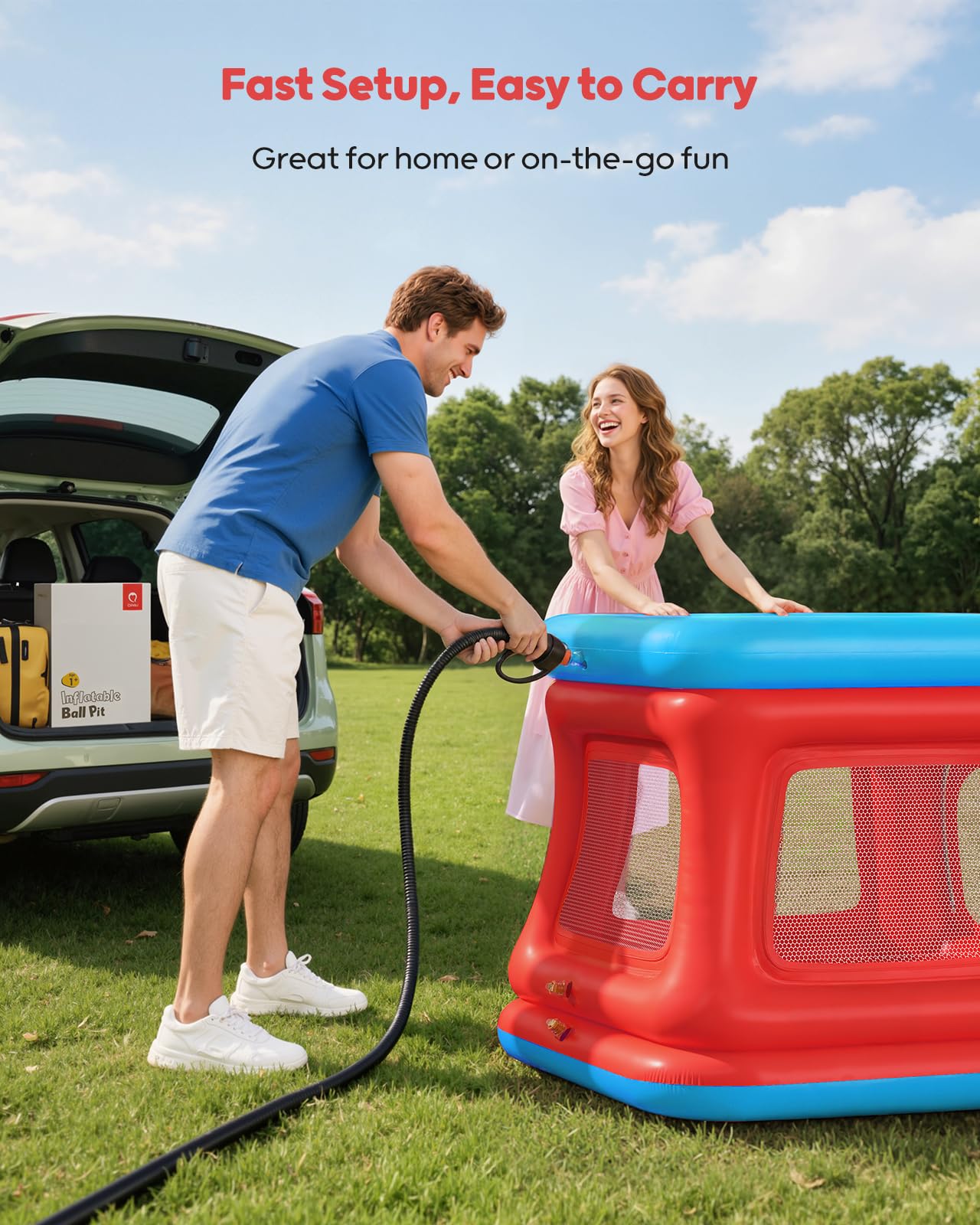 QPAU 3-in-1 bounce house compact storage for easy transport.