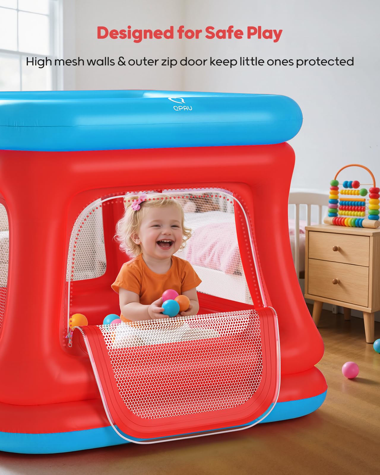 QPAU 3-in-1 bounce house safety net emphasizes secure play barrier.