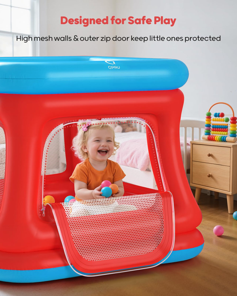 QPAU 3-in-1 bounce house safety net emphasizes secure play barrier.