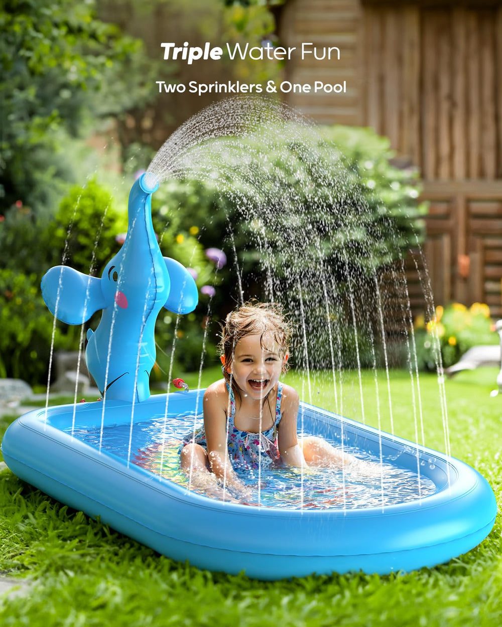 QPAU blue elephant splash pad 3-in-1 function with spraying and spout.
