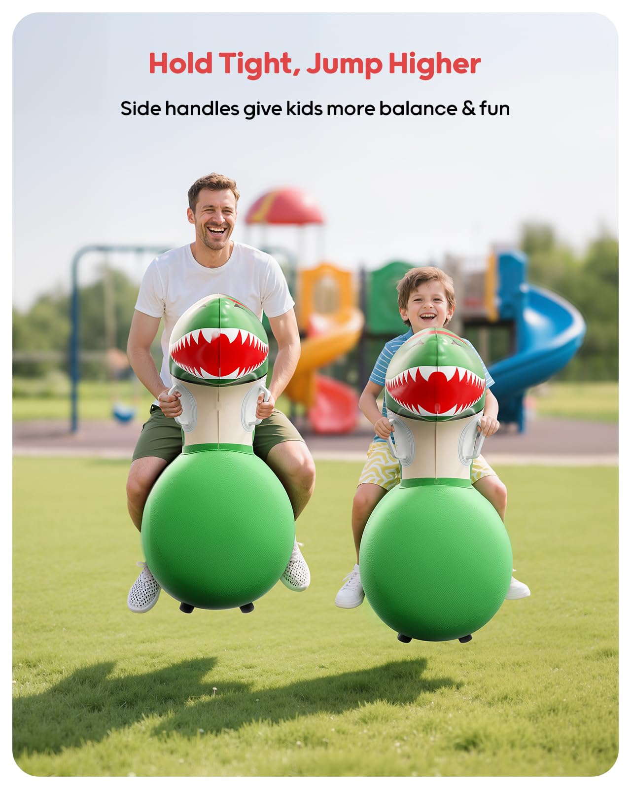 QPAU bouncy dinosaur handlebars illustrate easy grip for safe jumping.