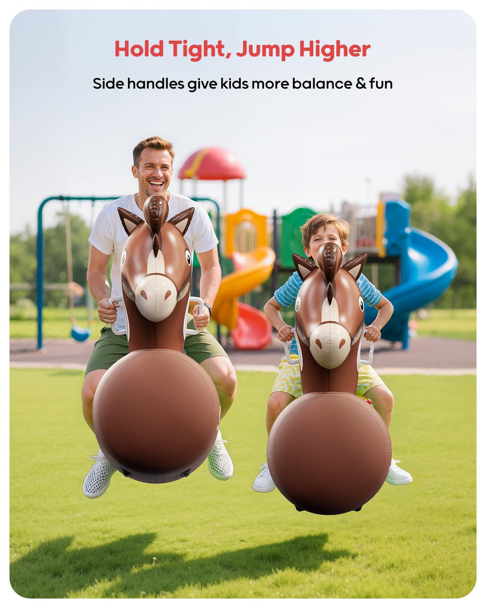 QPAU bouncy horse handlebars closeup shows safety features for secure jumping