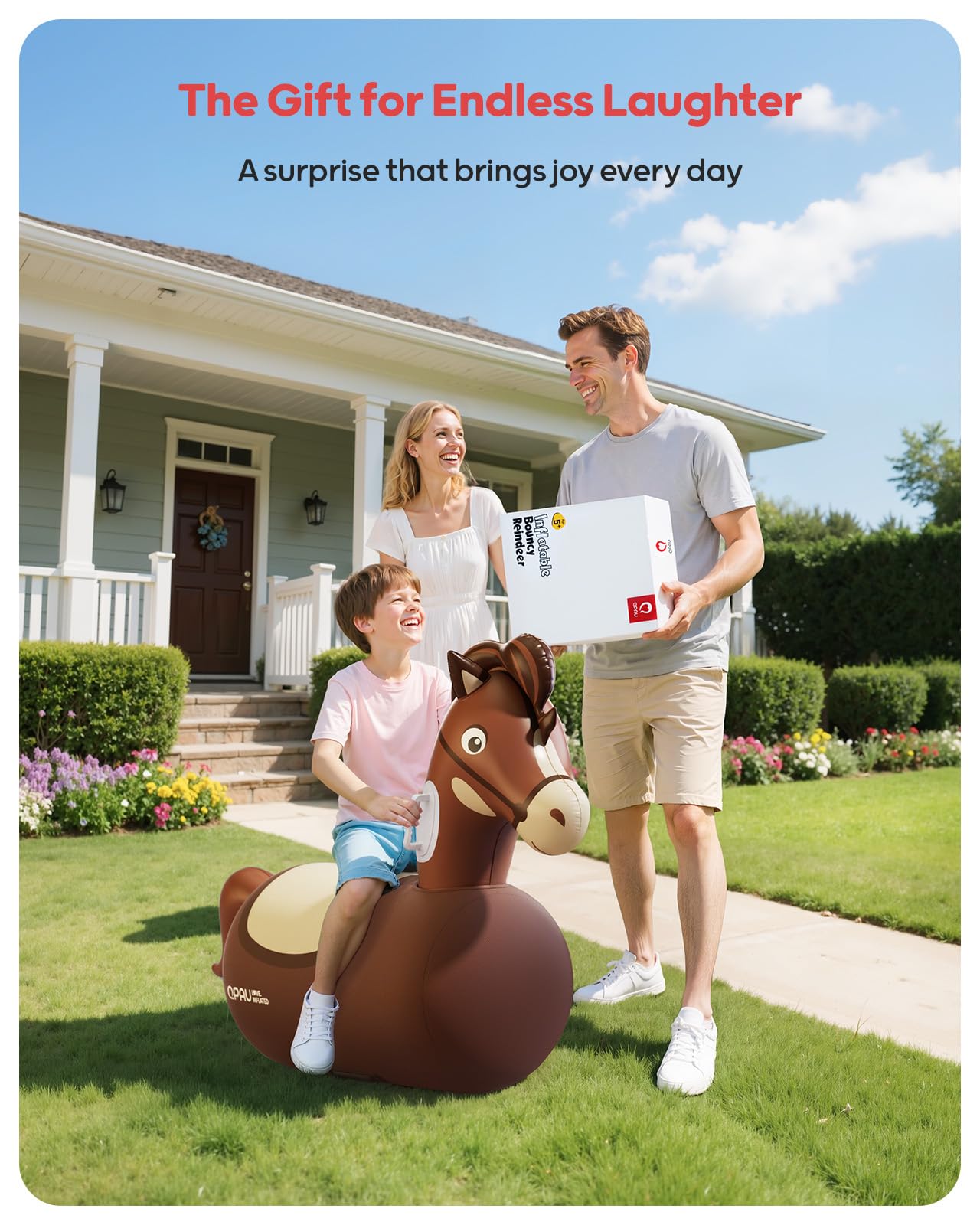 QPAU inflatable horse with separated head and body chambers for even air flow