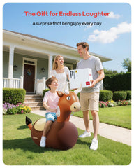 QPAU inflatable reindeer hopper shown in outdoor setting for seasonal play and decor.