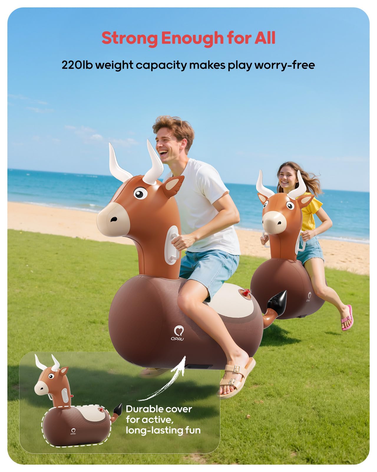QPAU inflatable reindeer hopper with pump included for quick setup.