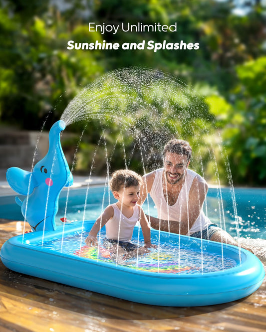 QPAU inflatable sprinkler pool shows friendly elephant character and safe, age-appropriate fun.
