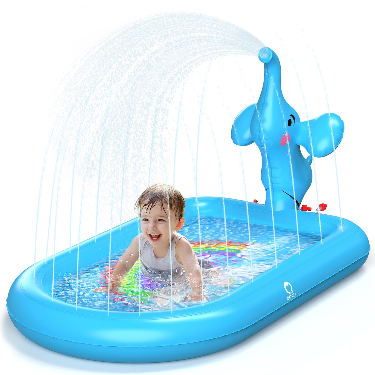 QPAU splash pad blue elephant design with water sprays for bright outdoor play.