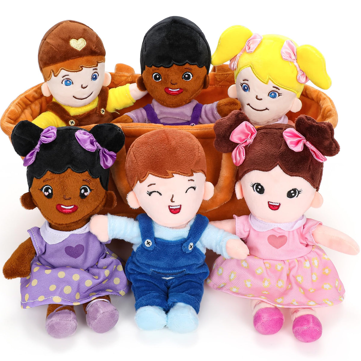 Qpewep Basket of Baby Plush Dolls in a plush basket for easy storage.