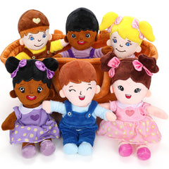 Qpewep Basket of Baby Plush Dolls in a plush basket for easy storage.