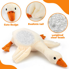 Qpewep goose plush with a child for scale and cuddly appeal.
