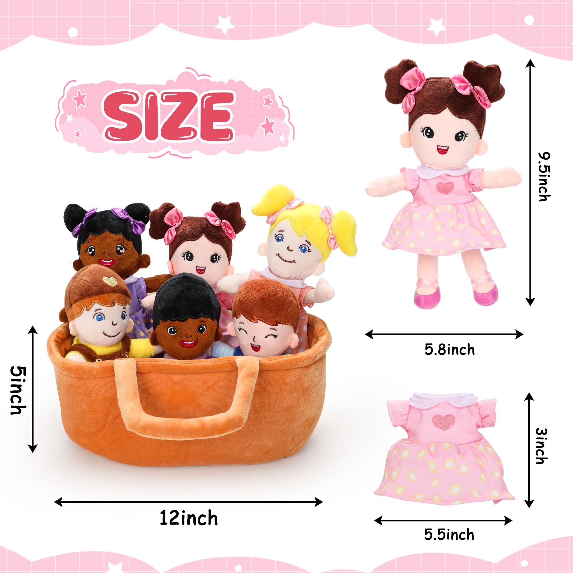 Qpewep six-piece plush dolls set with diverse skin tones for inclusive play.