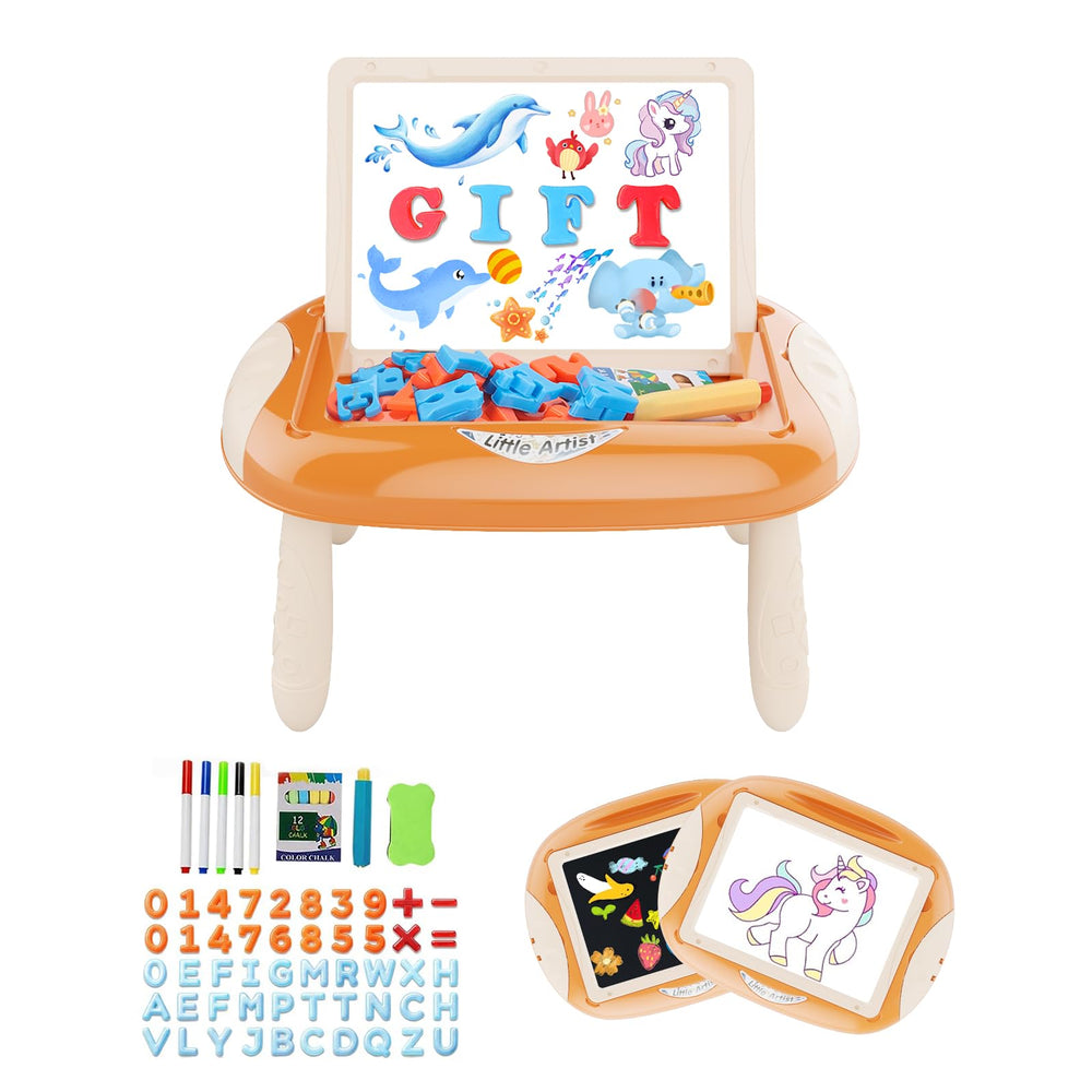 Qrytoi doodle board with magnetic letters and numbers for early spelling and counting.