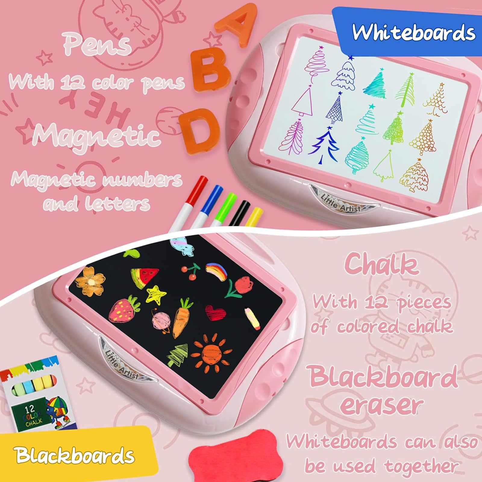 Qrytoi double-sided board with magnetic whiteboard and chalkboard for versatile creativity.