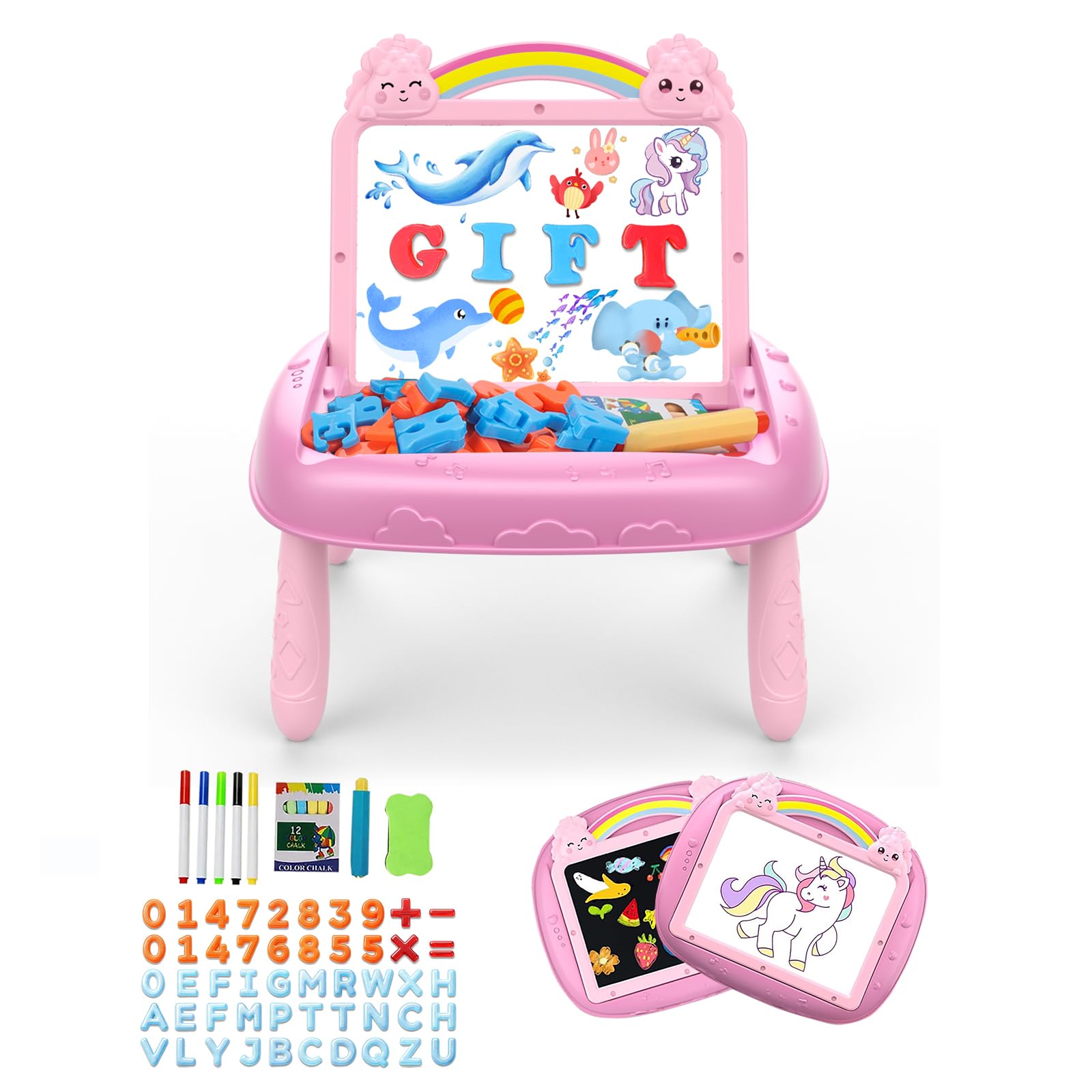 Qrytoi Unicorn Doodle Board pink double-sided whiteboard ready for letters and numbers play