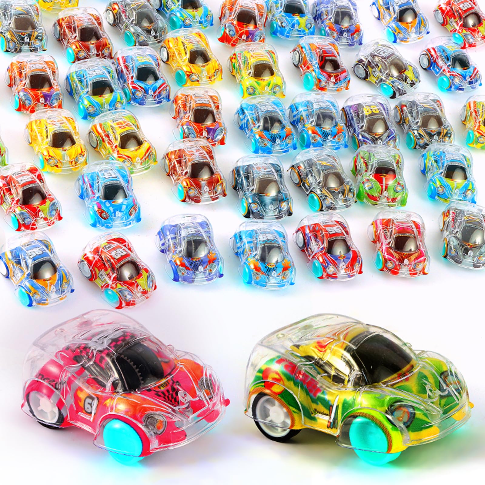 QSONSELL 50-pcs mini pull back cars in bright colors for party favors.