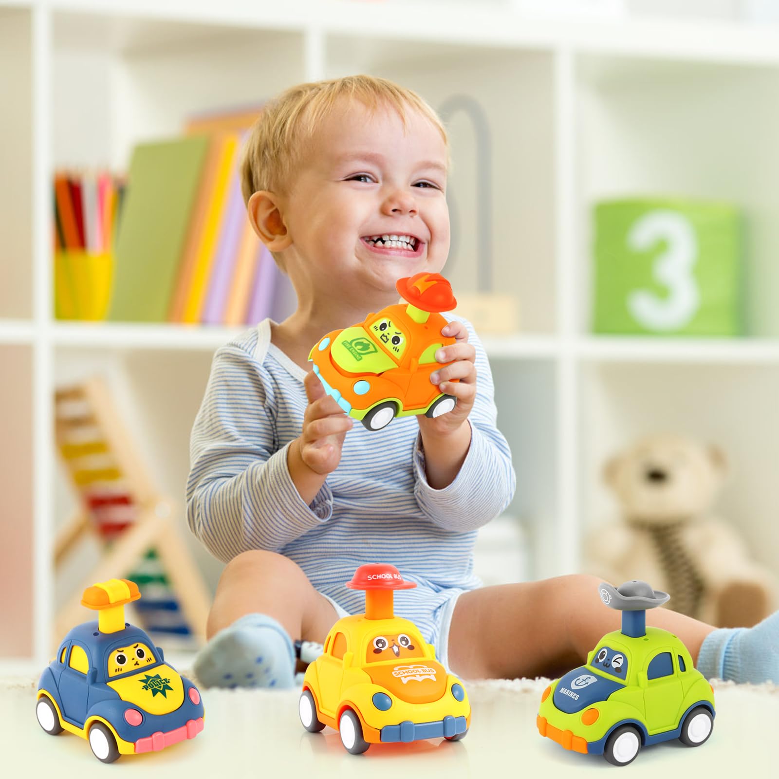 QSONSELL colorful car set image, four-pack for group play.