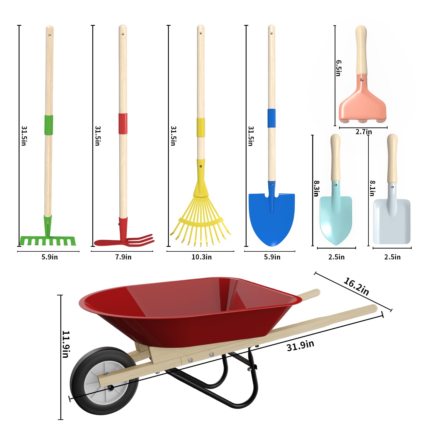 Qtioucp kids wheelbarrow front view shows a sturdy, safe outdoor toy.