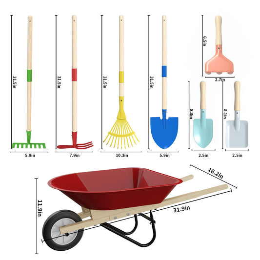 Qtioucp kids wheelbarrow front view shows a sturdy, safe outdoor toy.