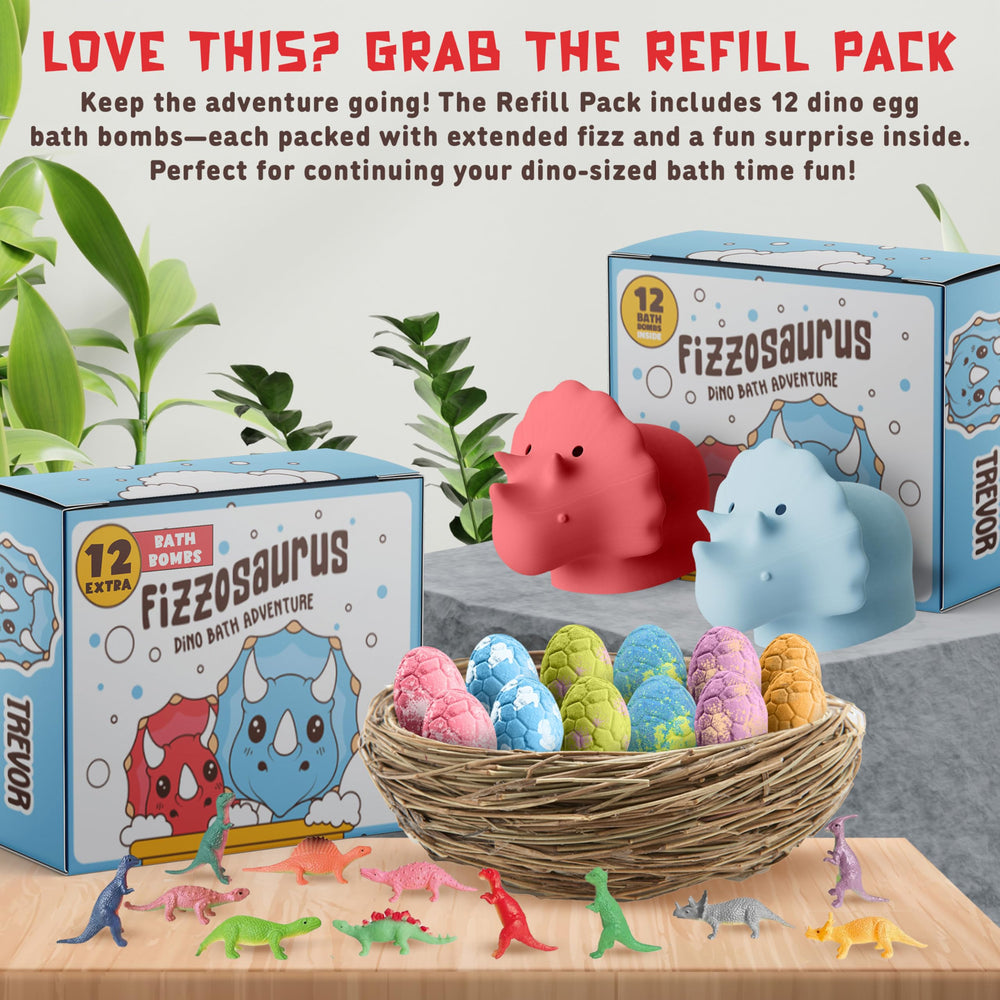 Quack Quack Moo dino bath bombs with toy inside and soft skin benefits