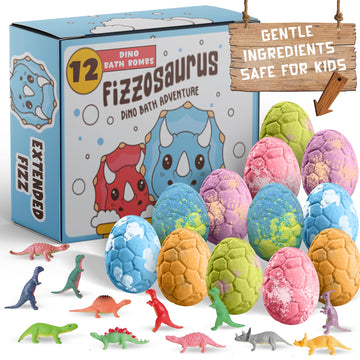 Quack Quack Moo dino bath bombs reveal a toy inside for bath-time excitement.