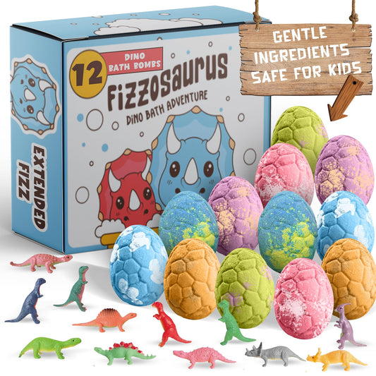 Quack Quack Moo dino bath bombs reveal a toy inside for bath-time excitement.