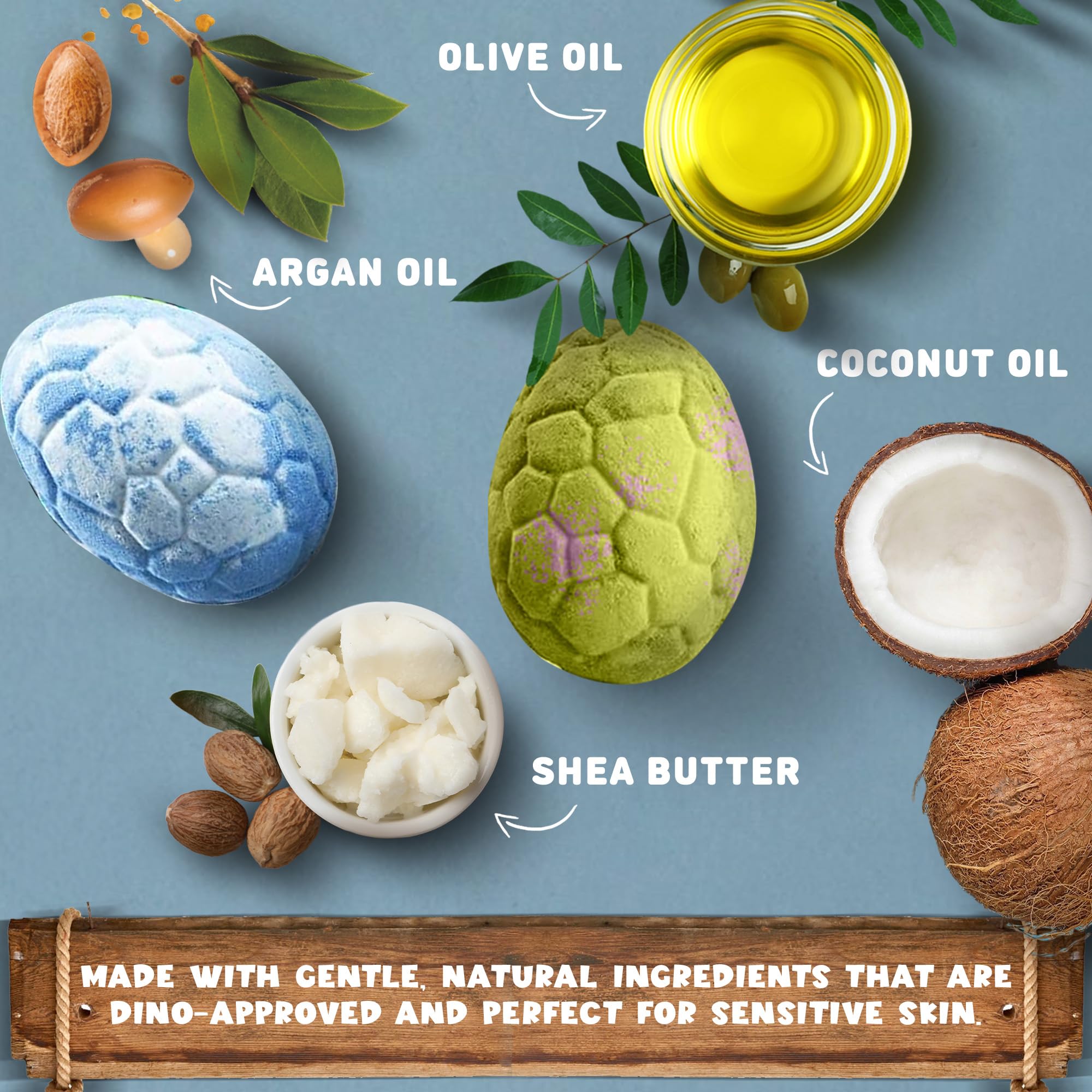 Quack Quack Moo organic dino bath bombs soften skin during fizzing fun.