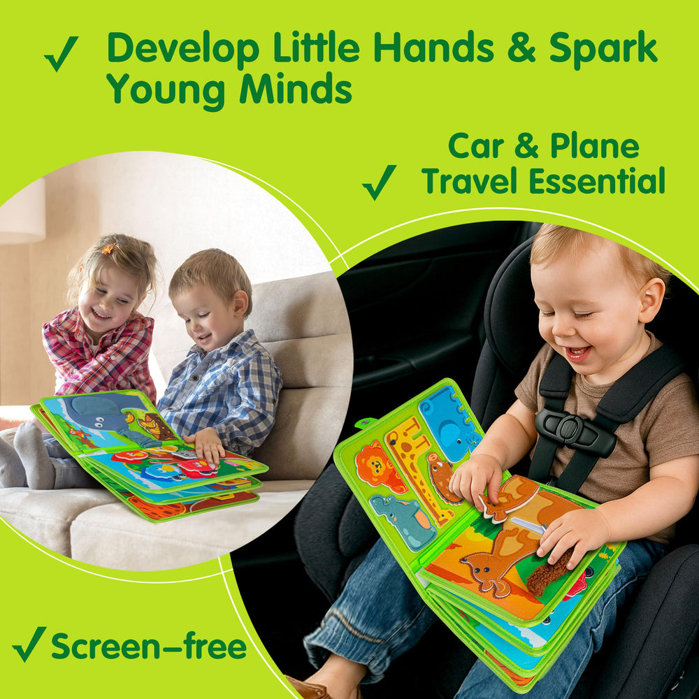 Quanquer Animal Busy Book buttoning task supports dressing independence.