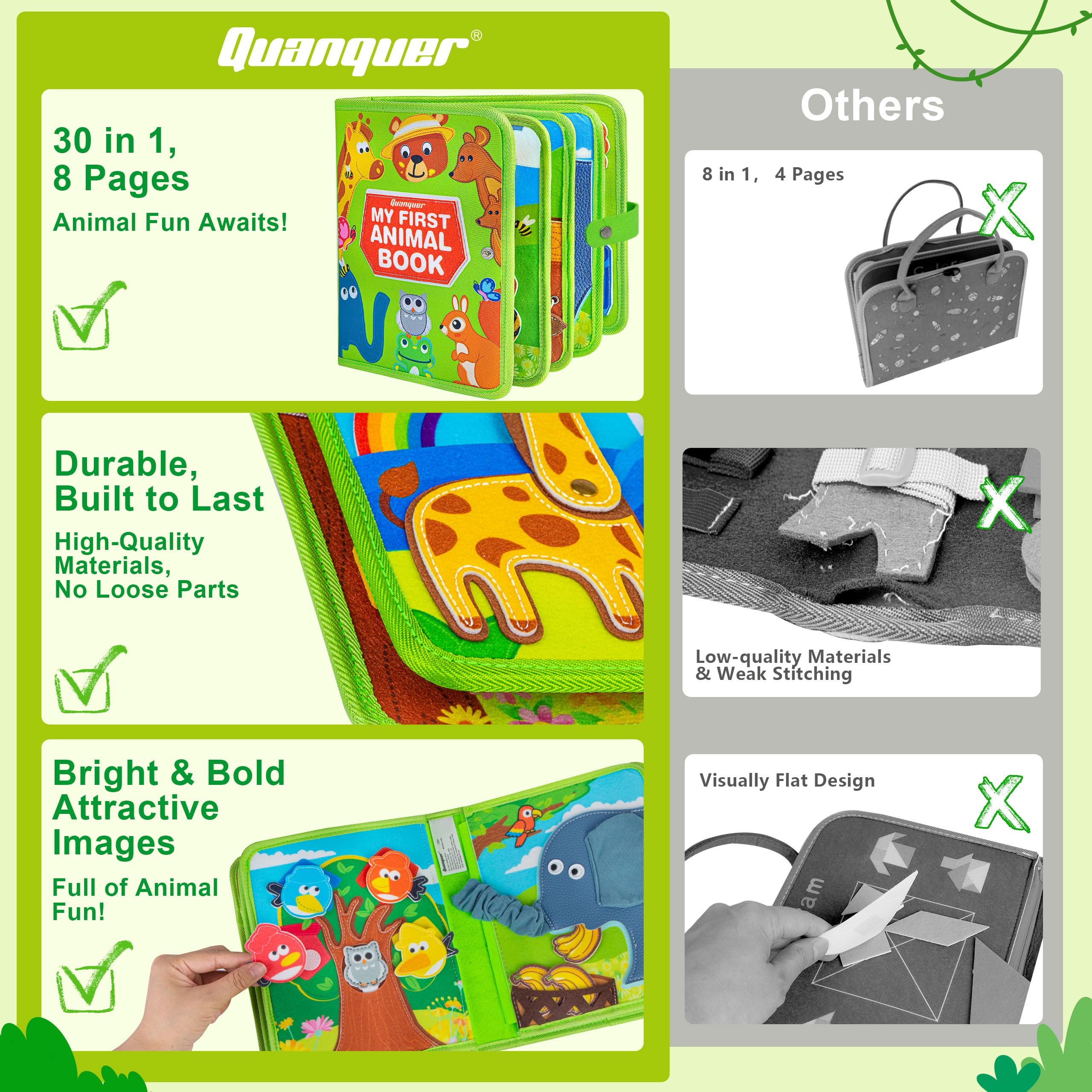 Quanquer Animal Busy Book zipping task highlights fine motor skill practice.