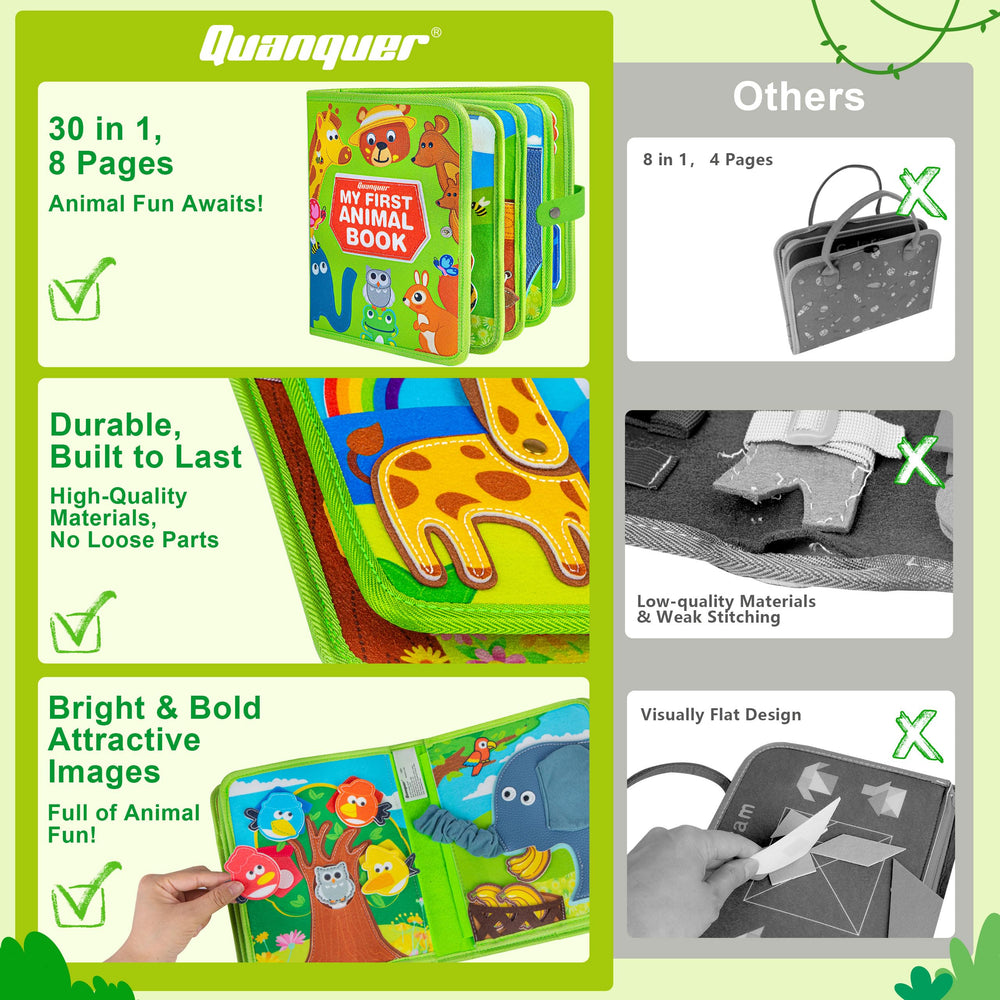 Quanquer Animal Busy Book zipping task highlights fine motor skill practice.