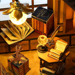Quanquer book-store diorama with ancient books creates a cozy bookshelf focal point.