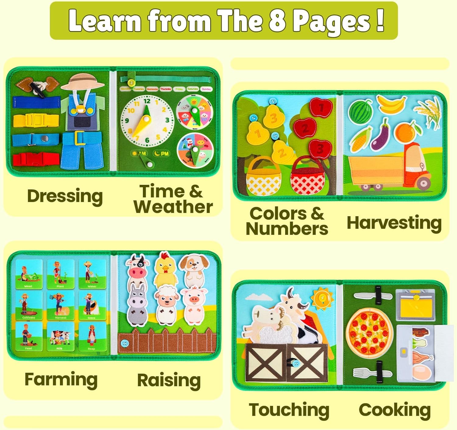  Quanquer Busy Book highlighting buttons and clasps for tactile learning and hand dexterity.