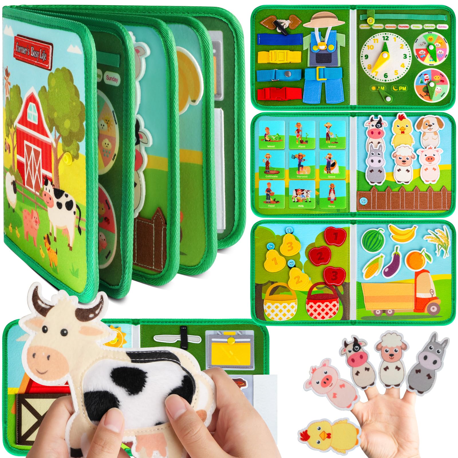  Quanquer Toddler Busy Board with farm page open, stimulating exploration and fine motor skills.