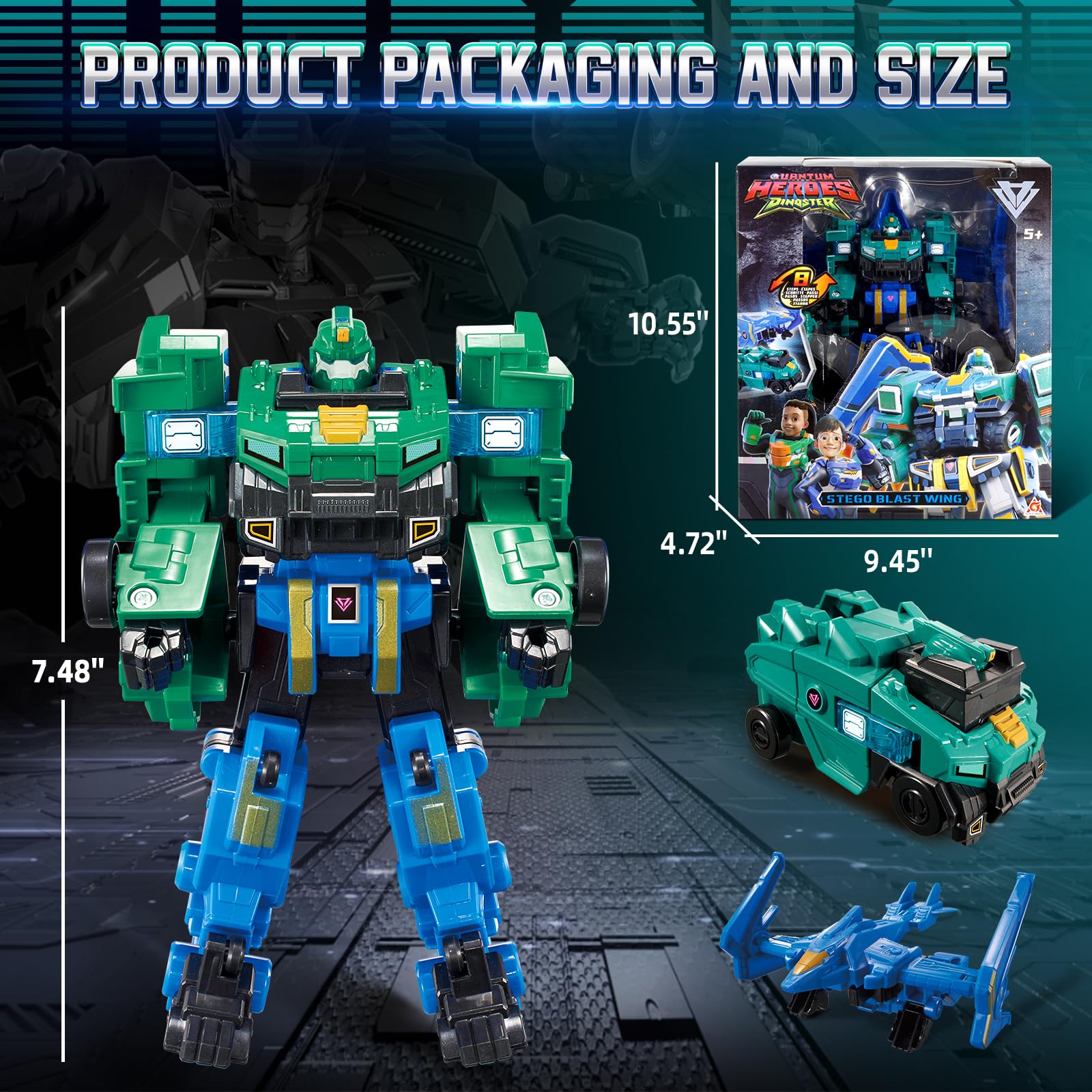 Quantum Heroes Dinoster 7.28-inch figure, premium ABS build and movable joints.