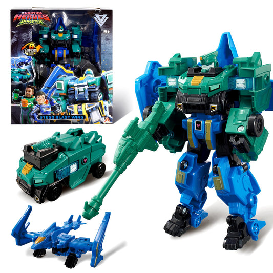 Quantum Heroes Dinoster Stego Blast Wing front view, durable green and blue design.