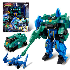 Quantum Heroes Dinoster Stego Blast Wing front view, durable green and blue design.