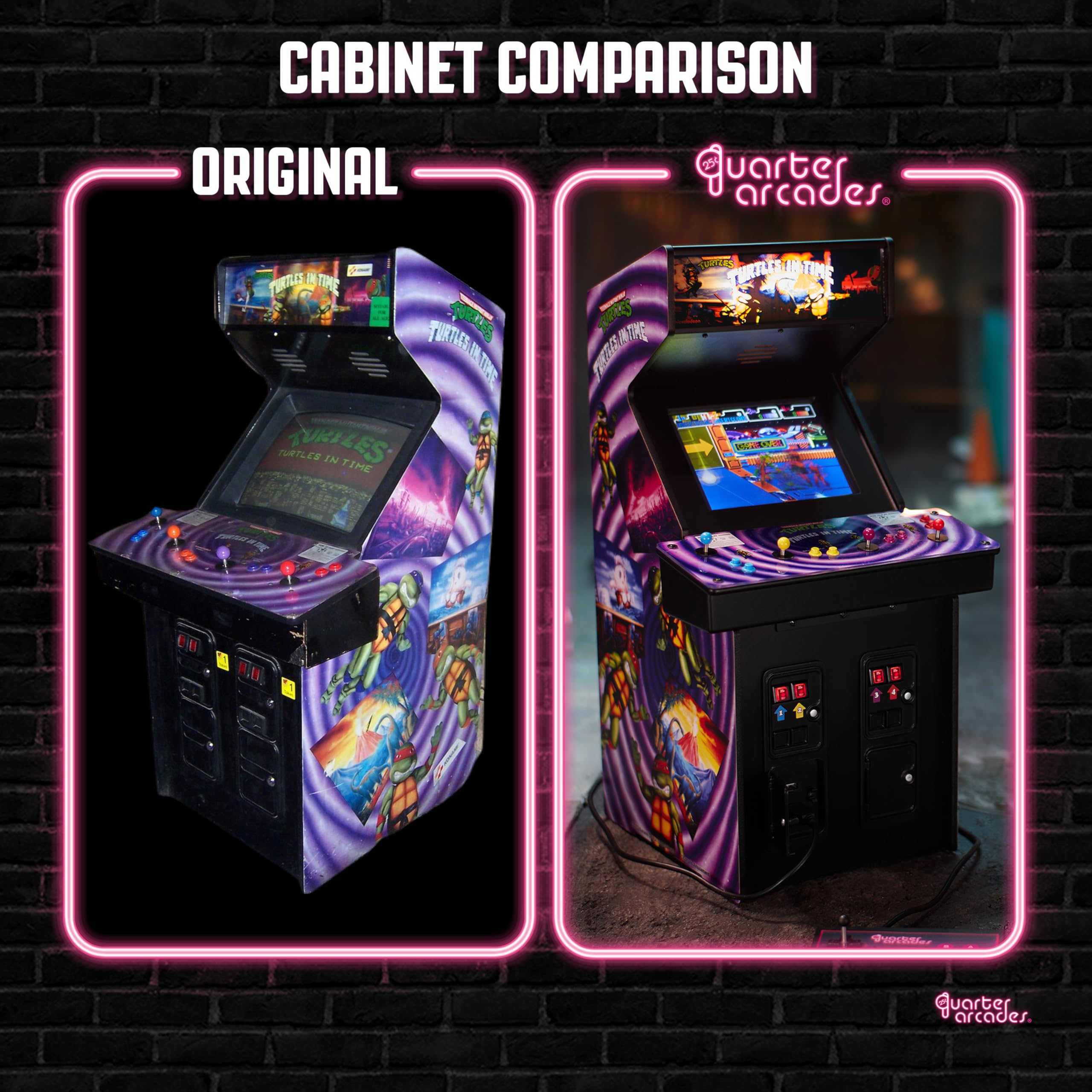 Quarter Arcades TMNT 1/4-scale cabinet artwork enhances nostalgic display in any room.