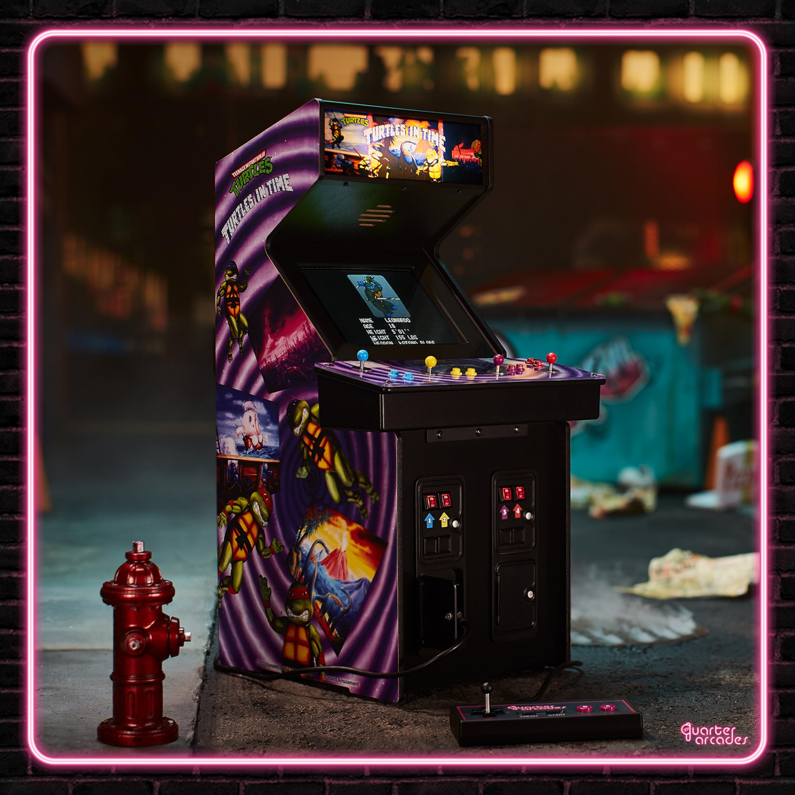 Quarter Arcades TMNT 1/4-scale rechargeable battery supports cordless play anywhere.