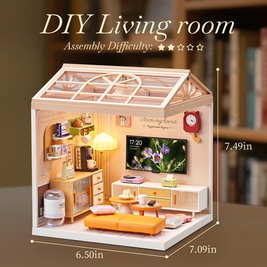 Qudify miniature living room kit bookshelves showcase organized storage in a stylish scene