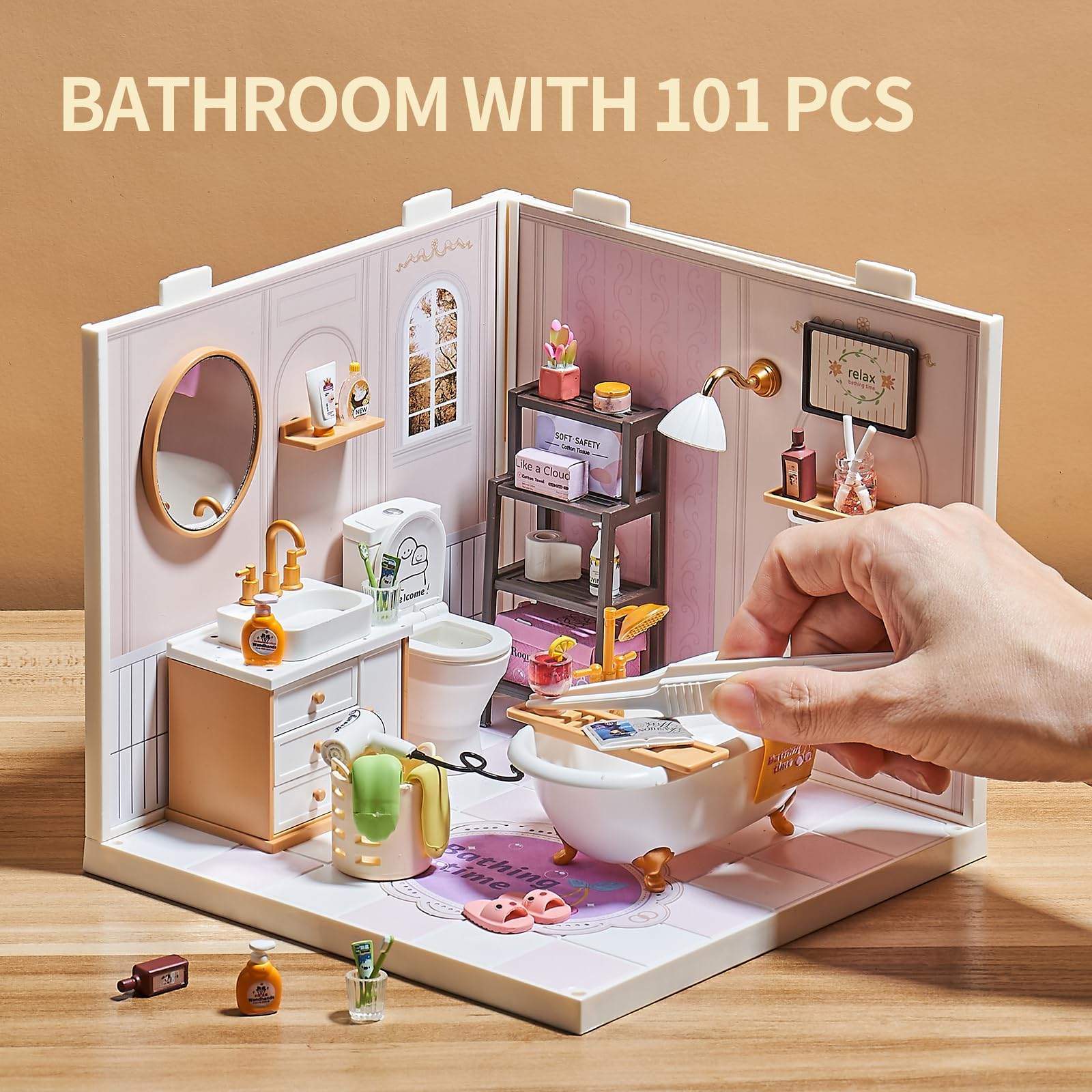 Qudify miniature toilet and accessories create realistic bathroom setups.