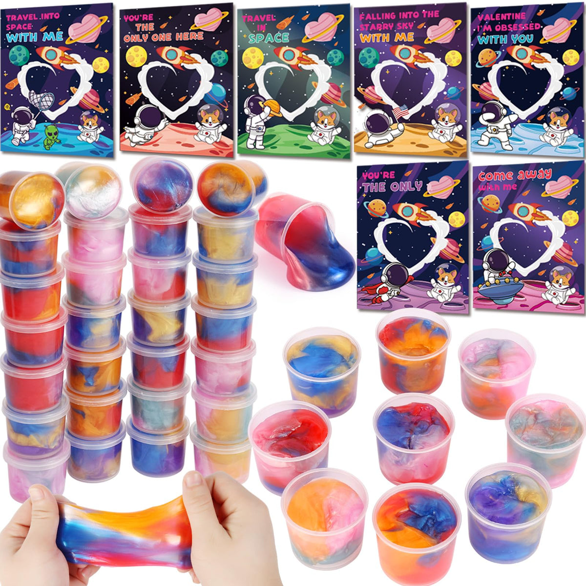 Qudoustar valentines cards with galaxy slime set, ideal for classroom exchanges.
