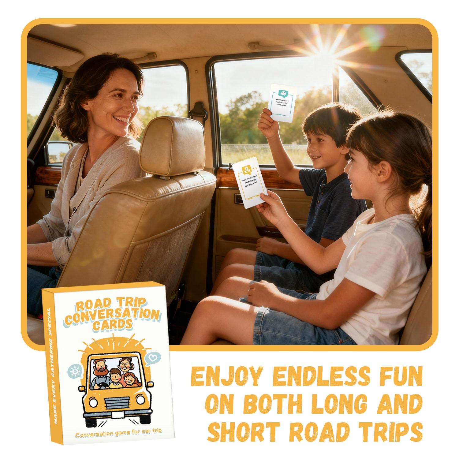 QUEKA KANBAI cards in a warm family scene encouraging laughter