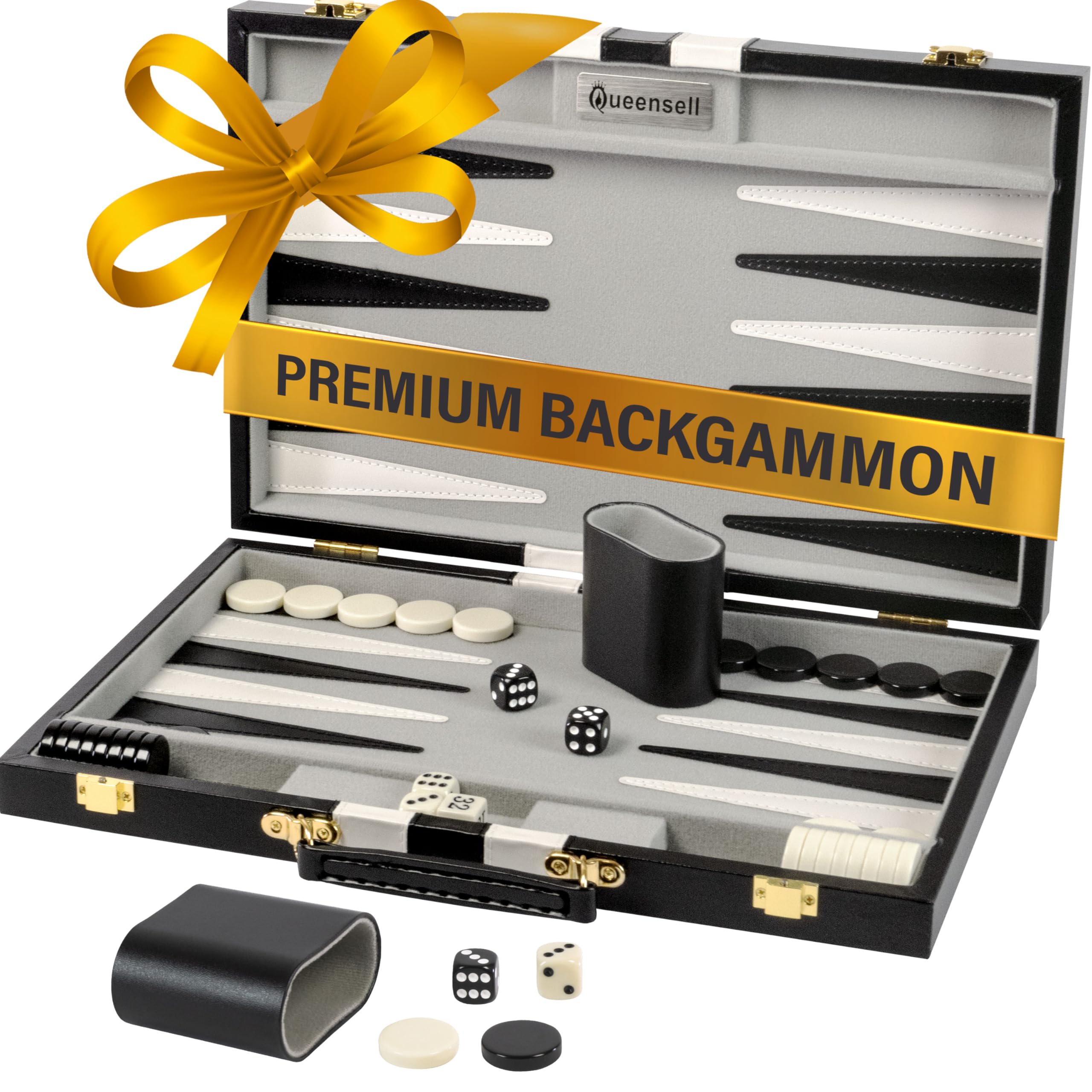 Queensell backgammon 15-inch board closed for travel and storage.