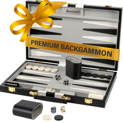 Queensell backgammon 15-inch board closed for travel and storage.