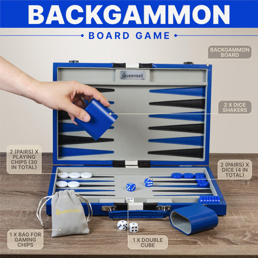 Queensell backgammon board open, full-size play surface for two-player comfort.
