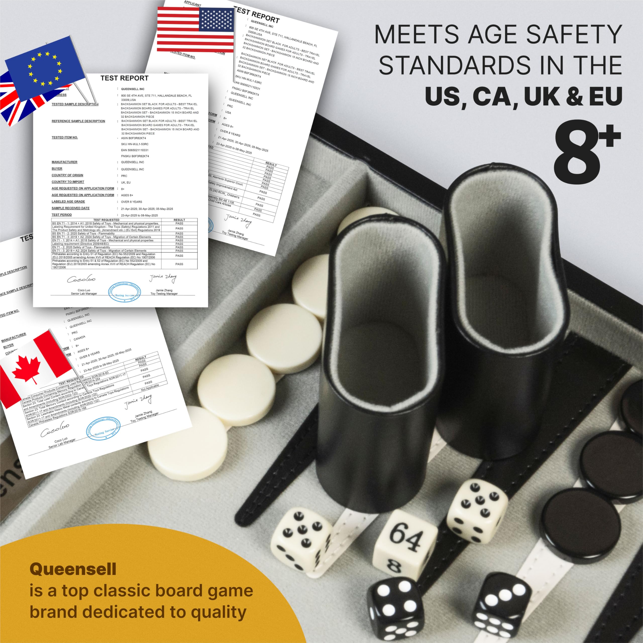 Queensell backgammon instruction booklet included for setup tips.