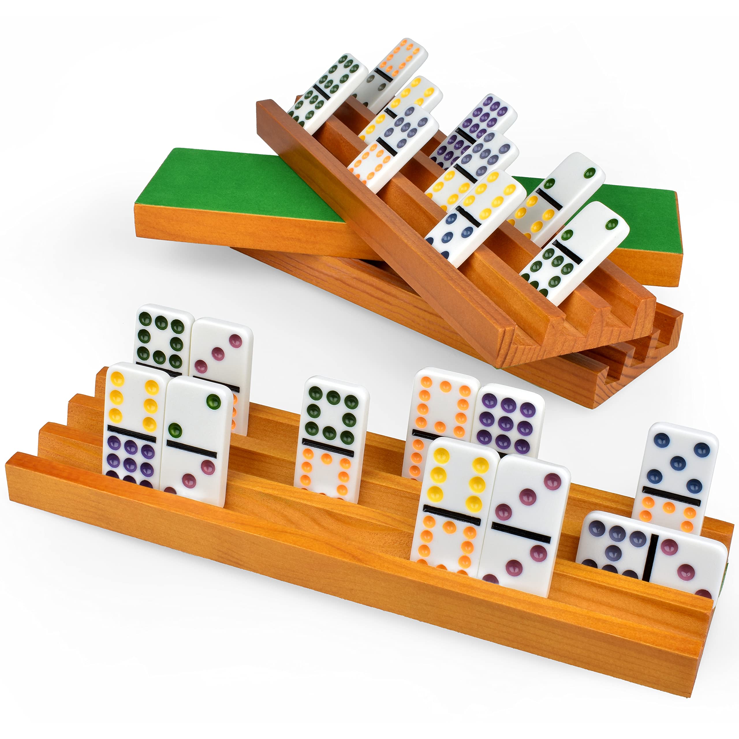 Queensell Domino Holders wooden trays set of four for organized gameplay and easy tile handling.