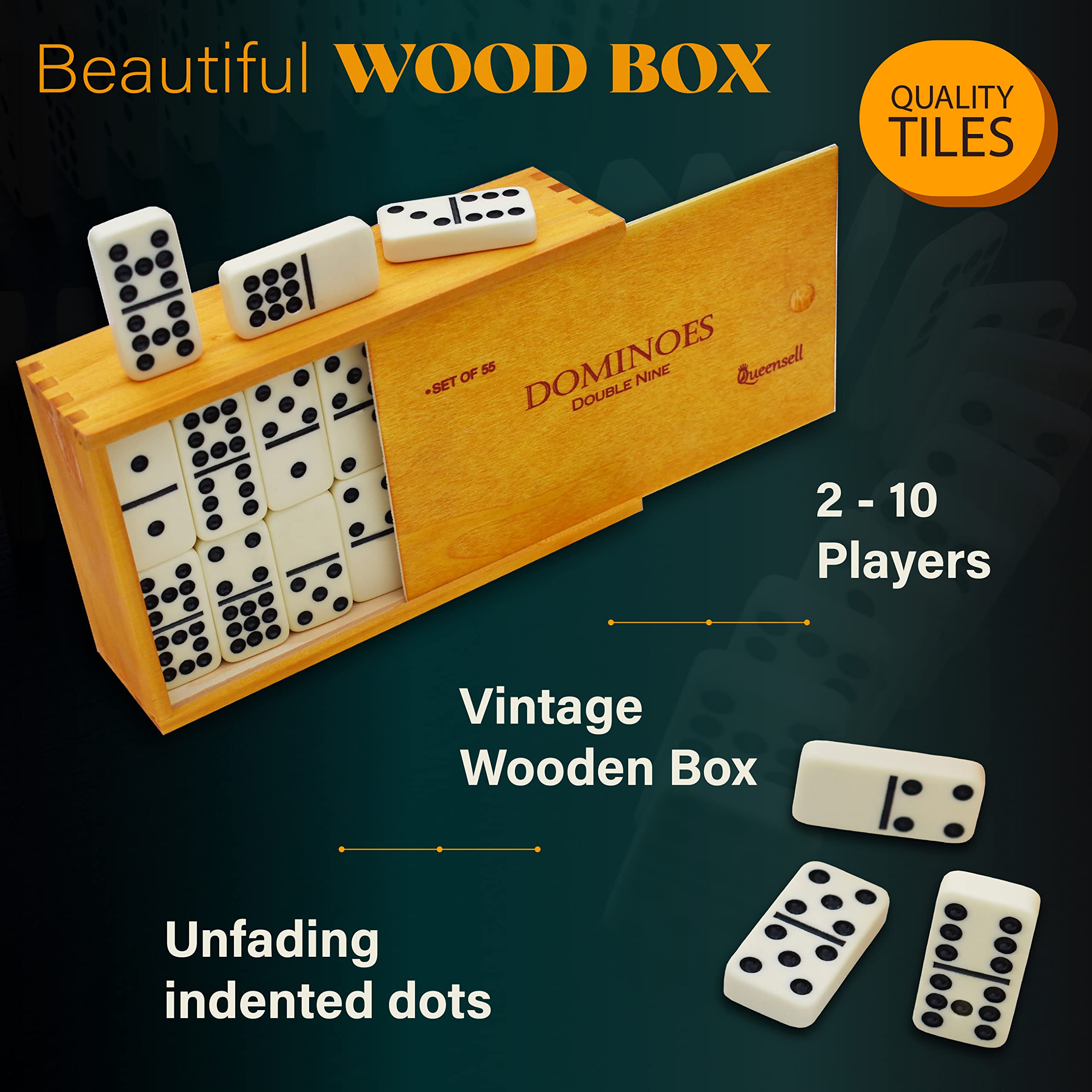 Queensell Dominoes wooden case open, travel-ready storage.