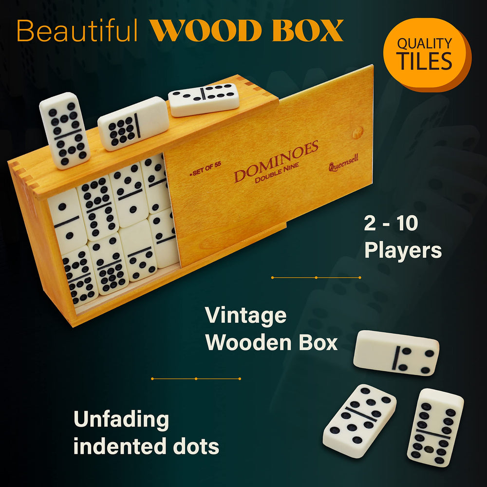 Queensell Dominoes wooden case open, travel-ready storage.