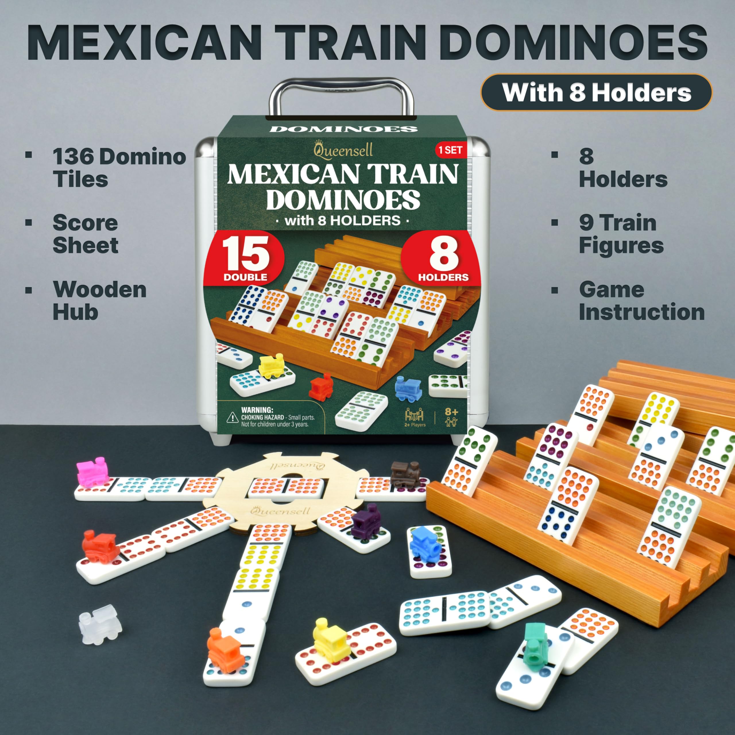 Queensell double-15 domino tiles with dots for classic play.